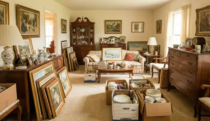House full of books and household items during an estate cleanout