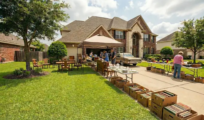 Estate sale in front of a brick house with furniture and boxes of books along the driveway in Willis, Texas